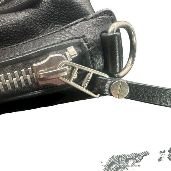 Fossil Black Pebbled Leather Satchel Crossbody Bag Silver Hardware Key Charm - Picture 14 of 14